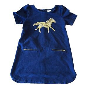 Gymboree Gold Sequin Pony Shift Dress Short Sleeve Navy Size 5 Plum Pony 2016